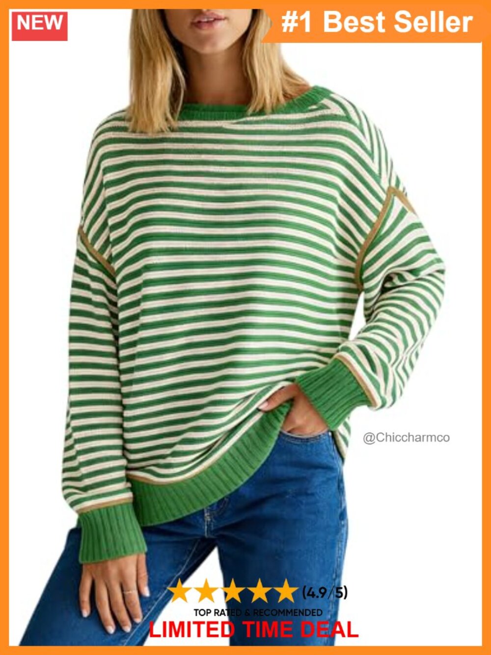 Oversized Striped Cotton Acrylic Knit Crewneck Pullover Sweater